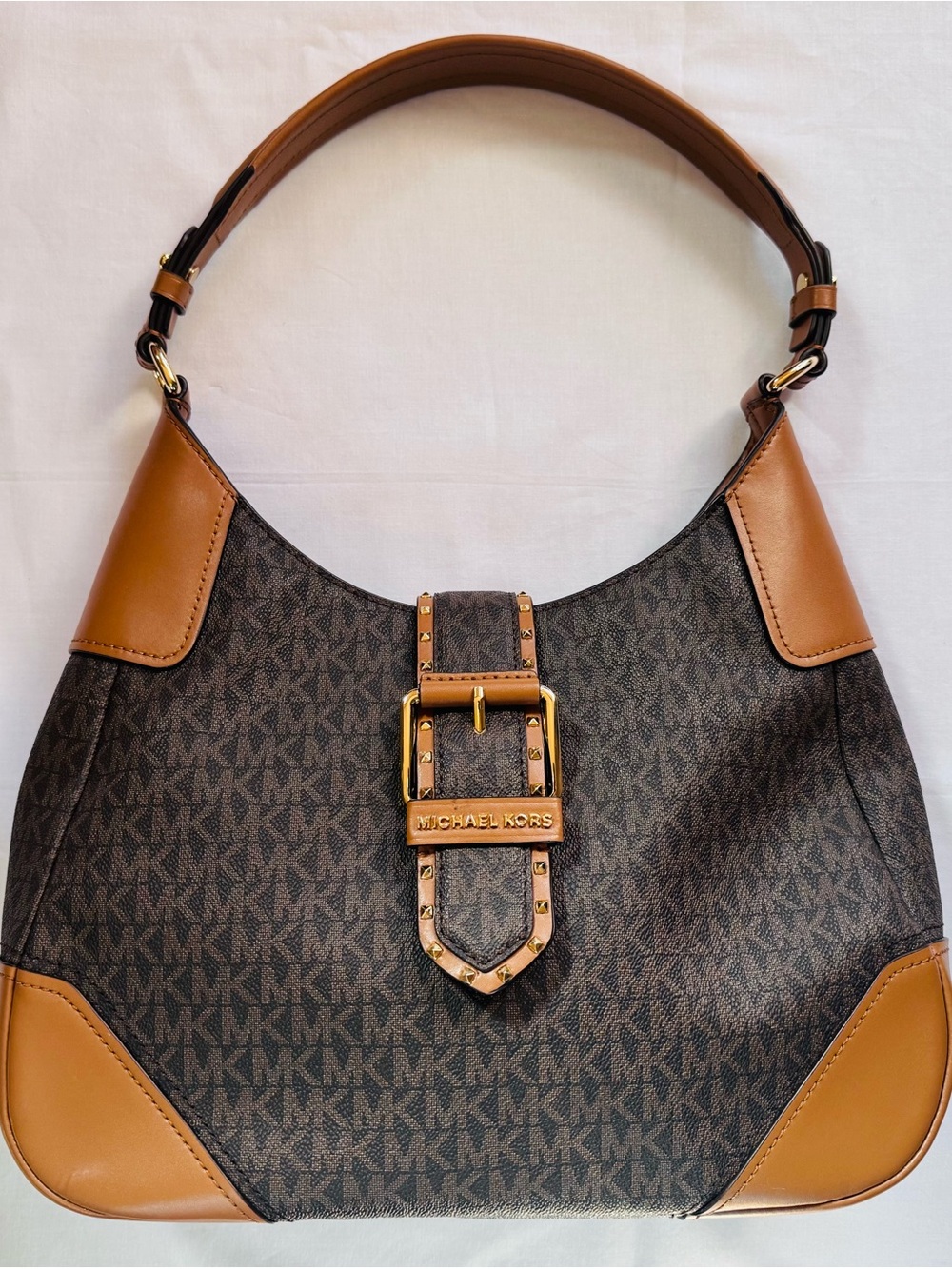 Michael Kors Dark Brown Monogram Shoulder Bag with Tan Trim